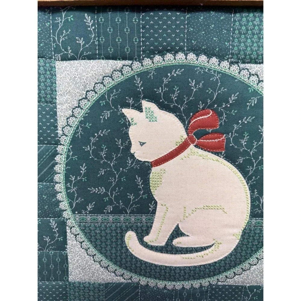 Vintage Quilted Cat Framed Picture Green Rustic Art Granny Farmhouse Cottage